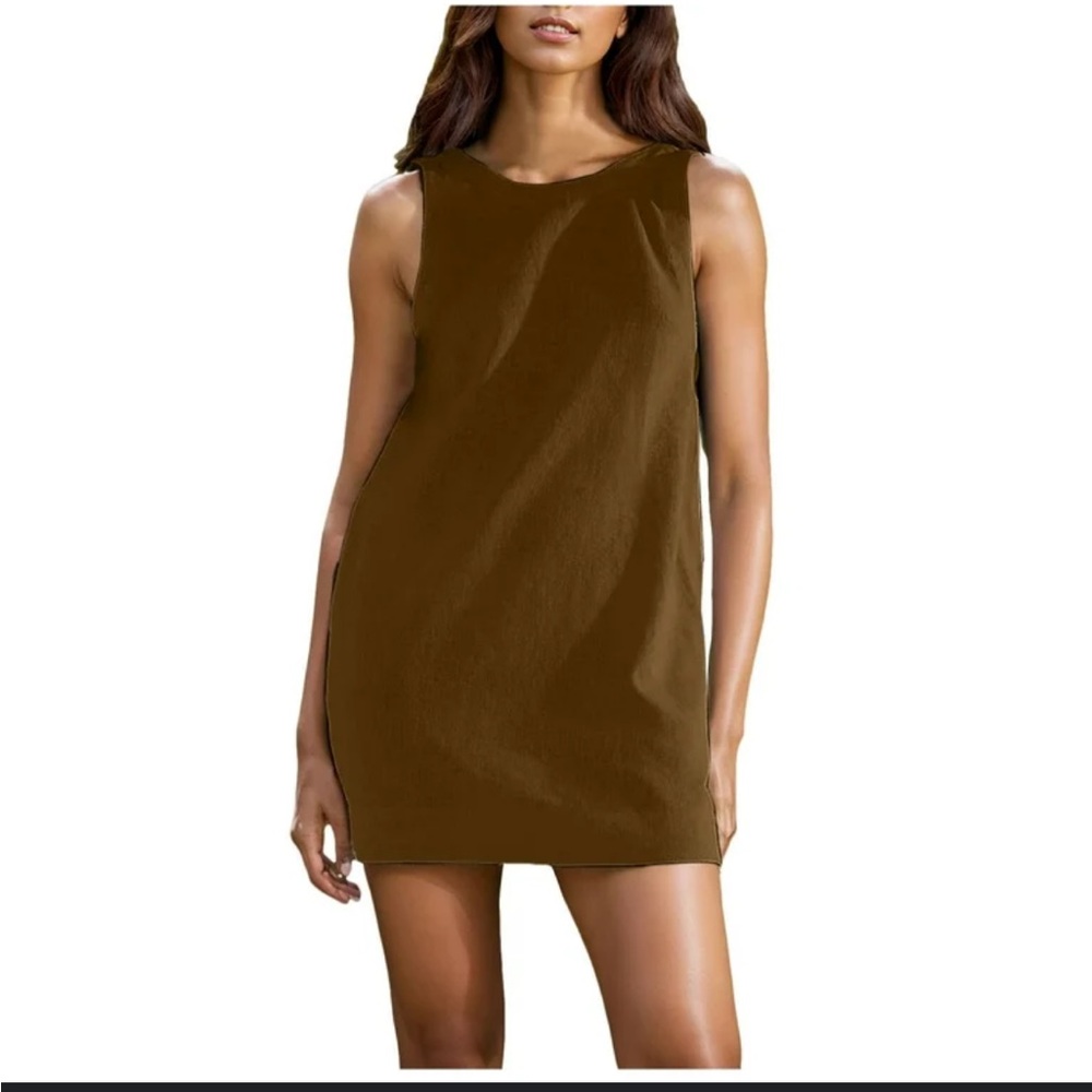 Women's Mini Dress Crew Neck Sleeveless Open Back Cotton Linen Olive Green